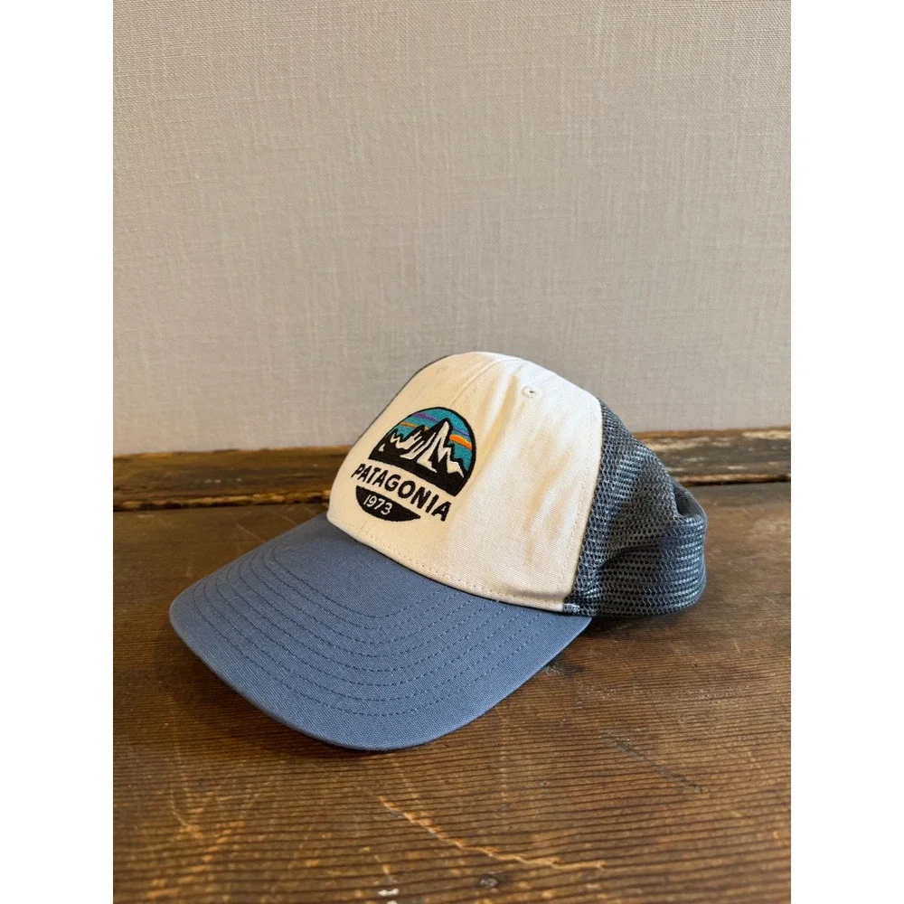 Patagonia 1973 LoPro Trucker Hat Blue Cream Mesh Snapback Mountain Patch Cap